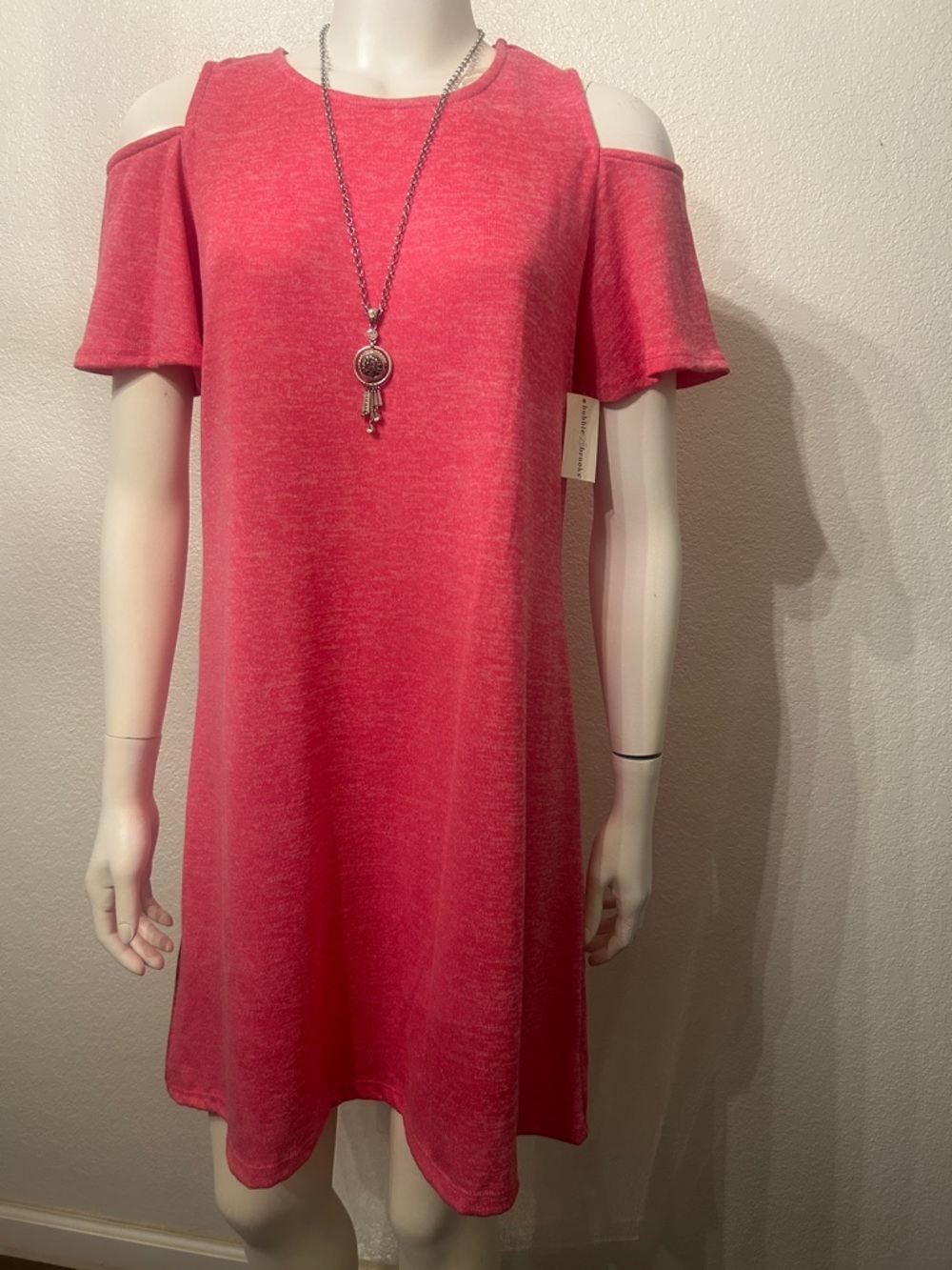 BOBBIE BROOKS Stretch Summer Dress Cold-Shoulder Knit Swing Dress - Coral Pink